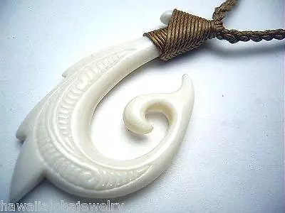 27mm Maori Carved Water Buffalo Bone Hei Matau Koru Fish Hook Pendant 27  Adjust • $19