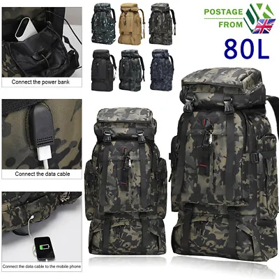 USB Port 80L Military Tactical Army Backpack Rucksack Hiking Outdoor Bag Daypack • £25.99