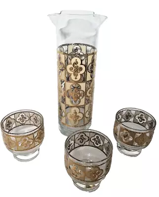 Colver Mid-Century Modern Culver Gold Plated Cocktail Mixer & Rocks Glasses Set • $49.99