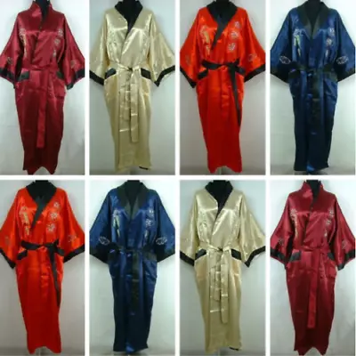 Men's Chinese Double-Face Silk Satin Kimono Robe Gown Bathrobe Dress Pajamas UK  • £8.56