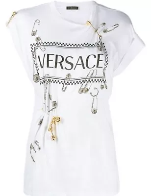 NWOT Versace IT 40 US S Punk White Cotton Logo T-Shirt Safety Pins • $350