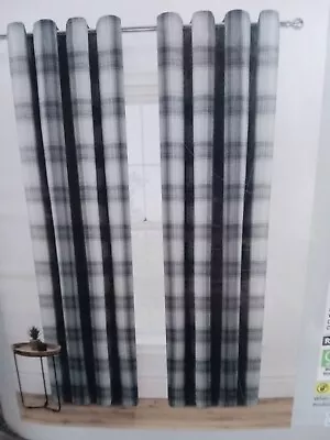 Eyelet Woven Check Curtains Grey 66  X 54  Drop • £10.95