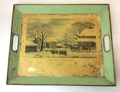 Vintage Retro Home To Thanksgiving Green Currier & Ives Litho Breakfast Tray • $24