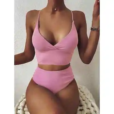 $24 • Buy Zaful Raspberry Mauve Surplice Ribbed Longline Cheeky Bikini Set Size 6 NWT