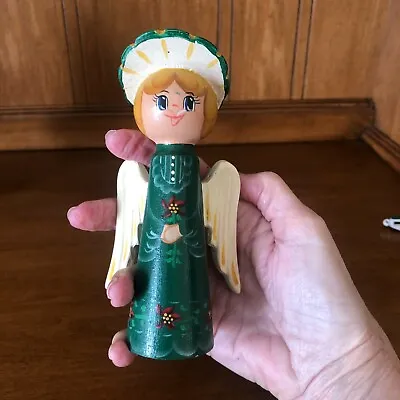Vtg Christmas Wooden Angel Figurine Hand Painted 5 3/4  Tall Signed 1988 Estate • $10