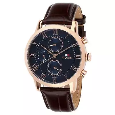 Tommy Hilfiger Brown Leather Blue Dial Men's Multi-function Watch - 1791399 • $261