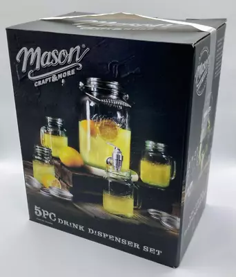Mason 5 Piece Glass Beverage Drink Dispenser Set Including 4 Mugs W/ Handle/Lids • $47.99