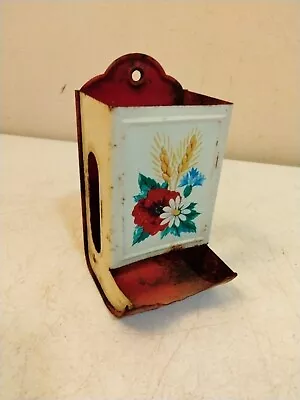 Vintage Tin Wall Mount Stick Match Box Holder With Red Flowers • $20