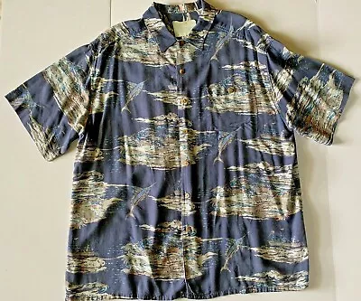 Vintage 90's Island Fever Hawaiian Aloha Shirt Large Blue Marlin Mens Rayon  • $24.99