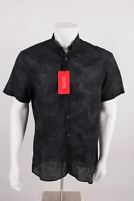 Zara Mens Oxford Shirt Button Down Slim Fit Palm Trees Tropical Black XL NWT • $12.99