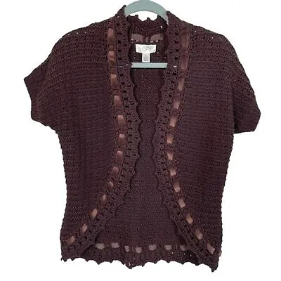 LOFT Short Sleeved Crochet Shrug - Velvet Ribbon - Scalloped Edging Size M EUC  • $10