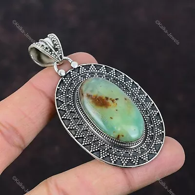 Natural Chrysoprase Gemstone Pendant Vintage Green 925 Sterling Silver Jewelry • $28.20