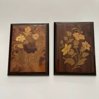 Pair Of Vintage Italian Wood Inlay Floral Wall  Art Plaques Marquetry Flower • $24.99