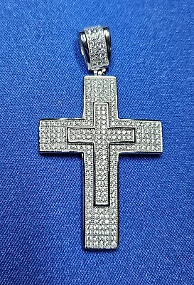 New 925 Sterling Silver 2  Iced Diamond CZ Bling Double Cross Pendant Silver • $46.95