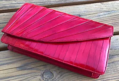 Genuine Red Eel Skin Clutch Purse Diagonal Flap Handbag Vintage • $42