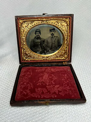 Antique Civil War Era Two Men Kepi Hats Daguerreotype/ Ambrotype Leather Case  • $999.95