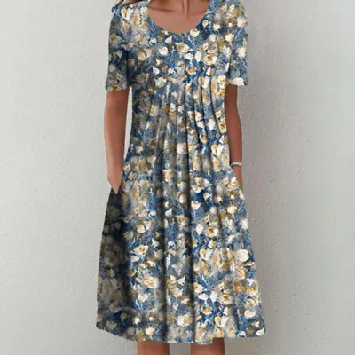 £16.99 • Buy Women's Short Sleeve Floral Midi Dress Ladies Baggy Crew Neck Swing Pocket Dress
