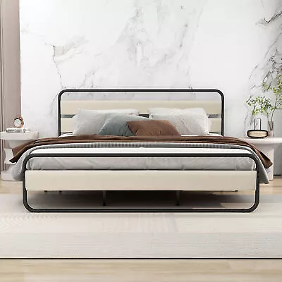 Full Size Heavy Duty Best  Metal Bed Frame With Wooden Headboard&FootboardBlack • $221.89