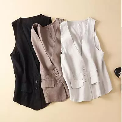 Lady Womens Casual Cotton Linen Vest Waistcoat Sleeveless Jackets Coats Shirts • £16.68