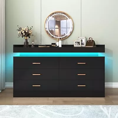 Modern 6 Drawer Dresser With LED Light Chest Of Drawers For Closet Wide Drawe • $224.19