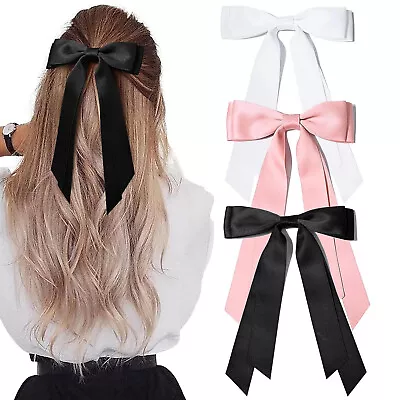 Satin Ribbon Hair Bow Clip With Tails Pink White Black Hair Accessories UK🇬🇧 • £3.99