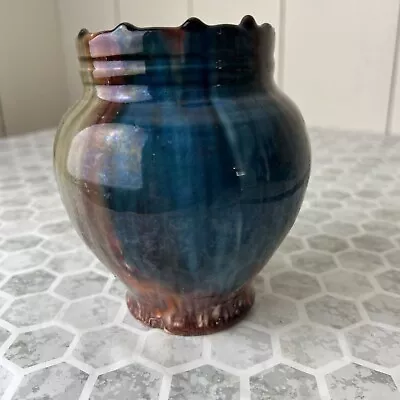 Mexican Pottery Vase Drippy Glazed Blue Brown 5” • $8.50