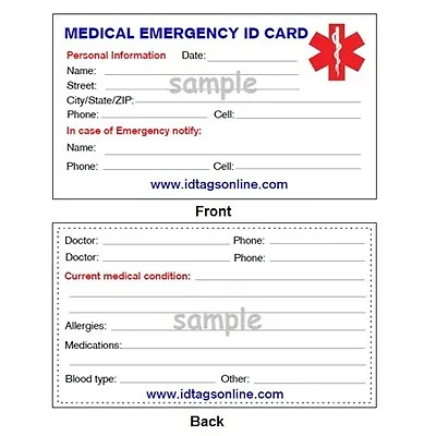 Medical Emergency Wallet Card For Medical Alert Id Bracelets And Necklaces. • $1.70