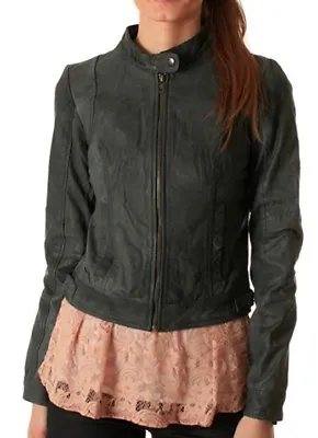 Vero Moda Ziva Short Leather Jacket Castlerock Grey XS SK9 AA 01 • $62.20