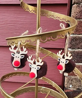 3 Handmade Mini REINDEER Christmas Ornaments Wood Pom Pom Ready To Hang CUTENESS • $17.99