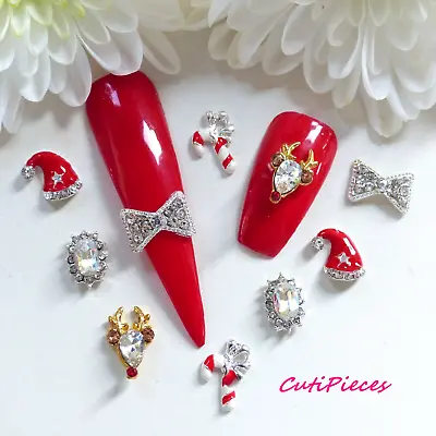 Xmas 3D Nail Art Rhinestones Reindeer Jewel Cane AB Bow Hat Mix Alloy Metal X18 • $4.91