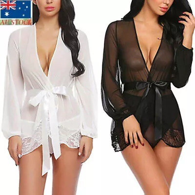 $14.51 • Buy Damen Lingerie Lace Robe Babydoll Dressing Gown Sexy Mesh See Through Sleepwear