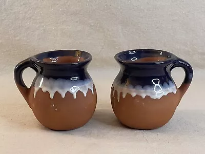 Set Of 2 Mexican Jarritos Drip Glazed Terracotta Clay Mugs Blue And White • $15