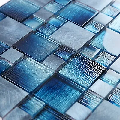 Mosaic Tiles Sheet Blue Metal And Glass Squares For Walls Floors Bath Kitchen • £14.90