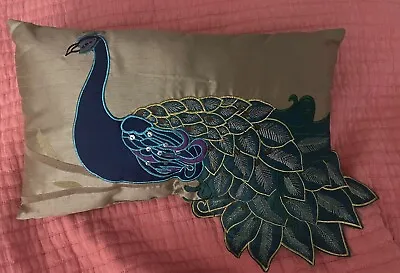 Vintage Peacock Throw Pillow THRO By Marlo Lorenz Embroidered Sequin 20x12 Inch • $11