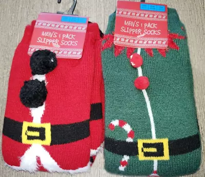 2 Pair Mens NEW NWT CHRISTMAS SLIPPER SOCKS SANTA ELF 10-13 SIZE THICK! • $3.16