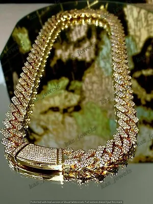 20CT Round Natural Moissanite Mens Cuban Link Chain Necklace 14k Yellow Gold Fn • $2700.37