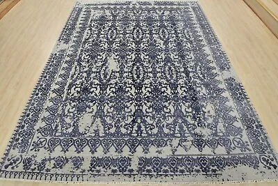 Modern Ikat 8’1” X 10’5” Grey Blue Wool/ Viscose Hand-Knotted Oriental Rug • $1636.25