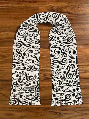 Musician’s Music Note Fleece Scarf 58” X 7” - Fringed - White & Black - Handmade • $8.95