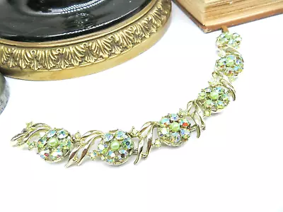 Vintage Lime Green Rhinestone Faux Pearl Gold Tone Flower Link Bracelet G41 • $23.79