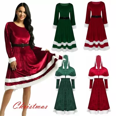 Women Velvet Claus Santa Dress Christmas Cosplay Costume Dress With Hooded Cape • $22.99