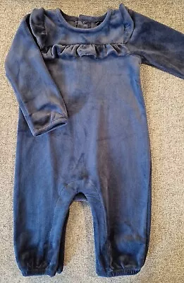 Baby Girls Velvet Sleepsuit 3-6 Months Navy Ruffle Footless Babygrow 373 • £5