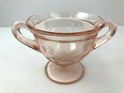 Vintage Art Deco Etched Pink Depression Glass Cup Floral Design Double Handles  • $5.99