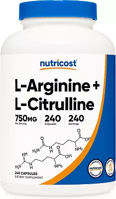 L-Arginine L-Citrulline Complex 750Mg 240 Capsules - Non-Gmo • $24.62