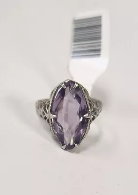 Antique 10k White Gold Purple Amethyst Marquis Filagree Ring  Size 5 • $165