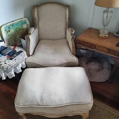 $750 • Buy French Provincial Linen Bergere Armchair And Ottoman