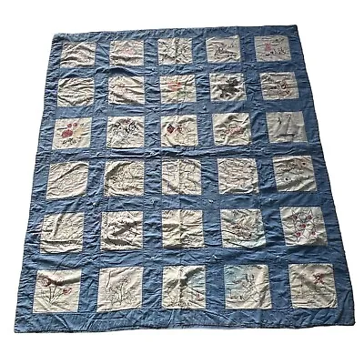 Vintage Embroidered Quilt Square Blocks Scenes Cross Stitch 56x77 Blue White • $56.24