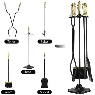 5pcs Fireplace Tool Set With Poker Tongs Broom Shovel Stand Brass Handle Tools • $39.99