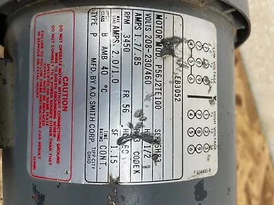 A.O. SMITH 1/2 HP 3 PHASE ELECTRIC MOTOR 208-230/460 Volts 3450 Rpms • $160