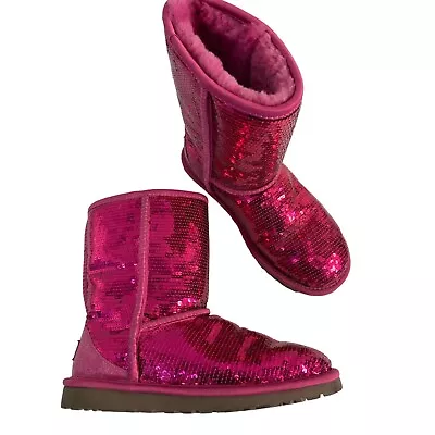 Women’s UGG Leather Sherpa Ankle Sequin Boots Pink Bling Flat Size 6 6034 • $125