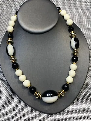 Vintage Lucite Imitation Ivory Gold Accented Black Brown Necklace 18” • $24.20